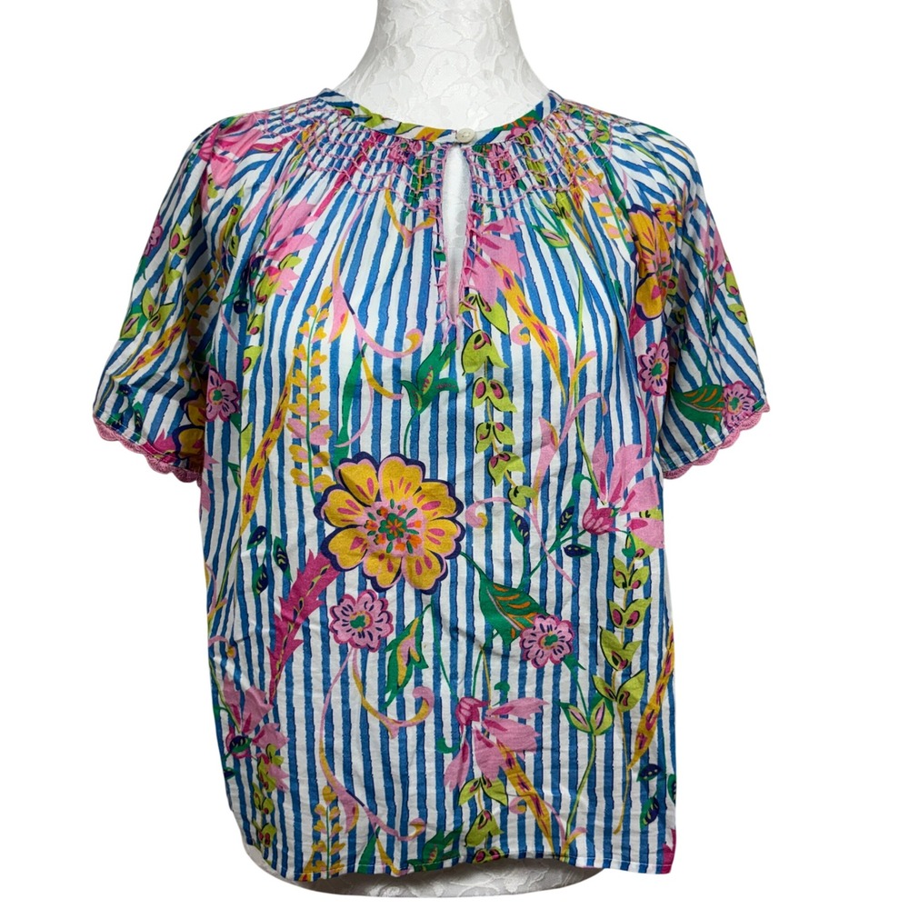 THML Blue Floral Striped Smocked Raglan Puff Short Sleeve Blouse Top Womens XS